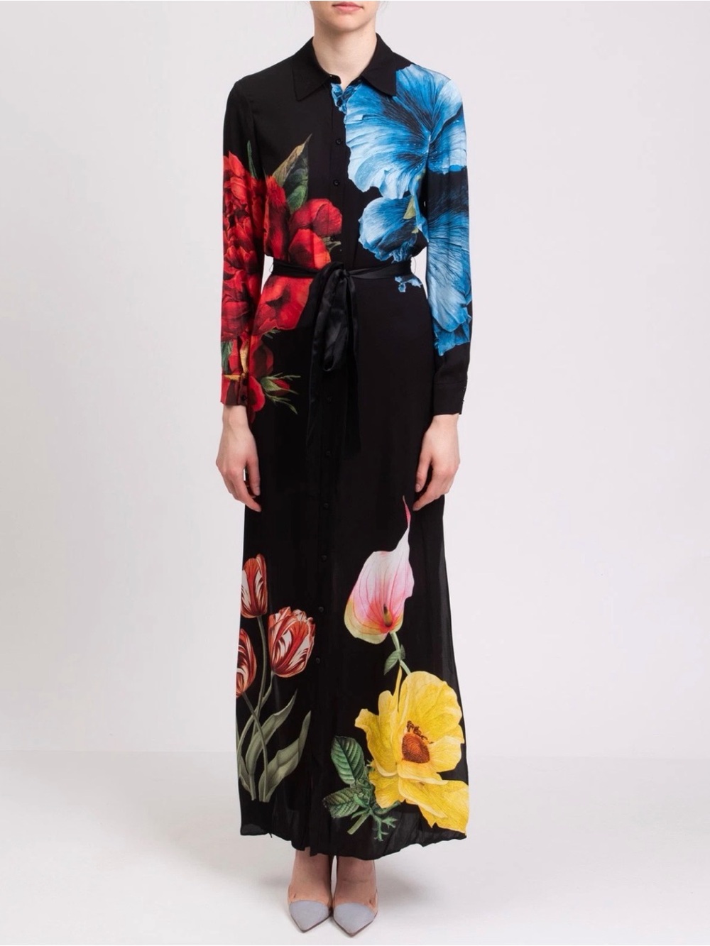 ALICE + OLIVIA Size XS • Maxi Shirt Dress Silk Blend Black Floral *No Belt*. - Picture 1 of 5